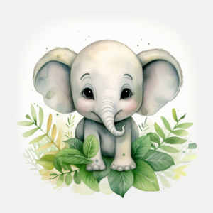 happy cute baby elephant in green leaves in the watercolor style on the white background