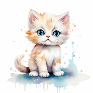 a whimsical kitten clipart with watercolor illustration,8k,etsy style, white background