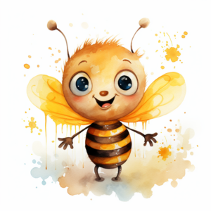 watercolor clipart, cute, happy pixar style bee with honey, white background