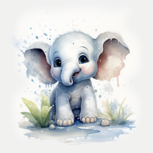 Water color, cute baby elephant, smile, happy, cartoon style, white background