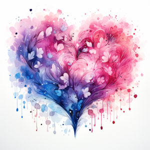 an illustration of a love heart. pink, blue hues. watercolour. fantasy. fairytale. isolated on a white background