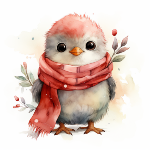 cute watercolor illustration of little Snowman +red scarf is holding a little birdie, tender colors, real watercolor painting, simple kids illustration, isolated on white png