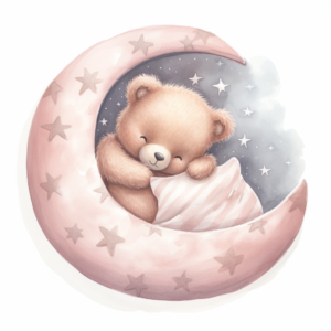 an illustration of a teddy bear sleeping in a half moon isolated on white, in the style of light pink and gray, watercolors, blink-and-you-miss-it detail, children's book illustrations, digital detailed painting, nursery motifs