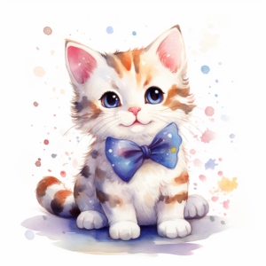 Spotty fluffy fat cat wearing big bow around neck, , smiling, very cute, cartoon, kawaii, watercolor, colorful, white background, 8k