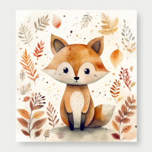 watercolor cute fox, muted watercolor forest background