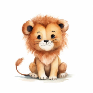 a simple lion, minimalistic drawings, simplistic, childlike innocent, cartoon style, chibi art, soft watercolor, white background