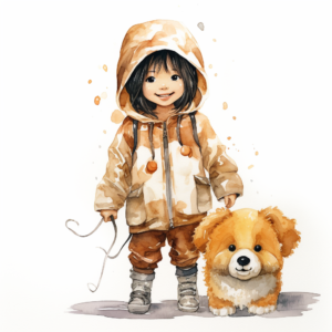 little girl wearing a dog costume, full lenght, 4k image, children art, watercolor and pen art, japanese comic art, child art, white background