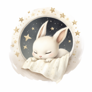 Cute sleeping tiny bunny in a crescent moon and star , white and cream colors, white background, watercolor, babyshower clipart, 8k, in the style of Cecily Mary Barker on a white background, hyper realistic