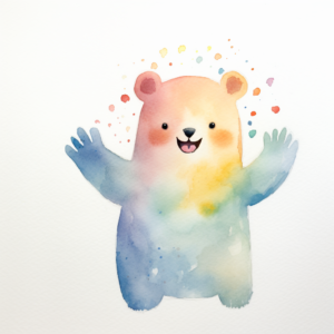 aquarelle painting, waving bear, cartoon, bright pastel, [minimalist]::3