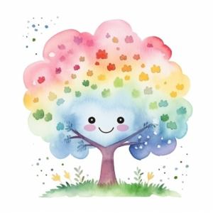 Cute tree with face in rainbow colors. children's book illustration style, nursery art in scandinavian style, simple, watercolor, cute, white border