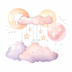 cute nursery art, clouds, sun and moon, soft watercolor rendering, pastel pink and orange color scheme, isolated white background