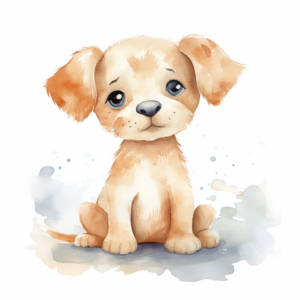 watercolor simple cute cartoon Dog on the white background, simplistic charming sketch, no outlines, no background, no sea, no details, nursery style illustration, flat style, pastel color palette