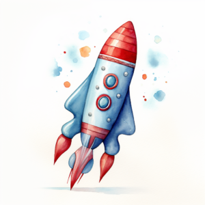 Rocket ship design rocket ship clipart, in the style of realistic watercolor paintings, whimsical children's book illustrator, blink-and-you-miss-it detail, light indigo and red, close up, creative commons attribution, white background,