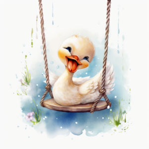 baby swan, watercolor, white background, watercolor splashes in the background, on a swing, smiling