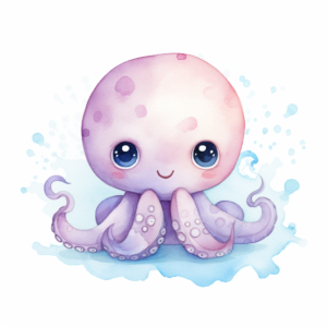 a watercolor illustration of a cute kawaii octopus on a white background