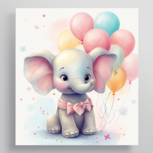 cute baby elephant with balloons in pastel colors