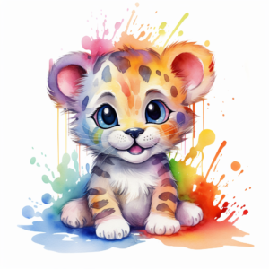 Watercolor happy cub with rainbow chibi style, Character design lovely style, cartoon funny, lovely animation, simple watercolor, white background, art watercolor, highly detailed, watercolor, white background