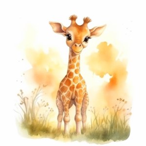 baby giraffe, walking through the sun, watercolor, very sweet, kidsfriendly, light colors