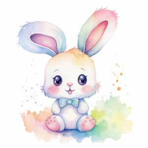 Watercolor happy bunny with rainbow chibi style, white background, A4 size,