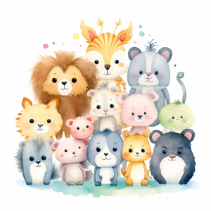 watercolor pastel shades all animals are happy cute and cartoon style simplest no detail wihte background