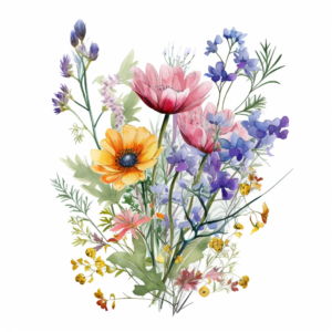 #7 one watercolor Wild Flowers Clipart on a white background, in the style of detailed nature depictions, detailed, No text in the picture, images are not copyrighted, no trademarks,no text in image, on white background