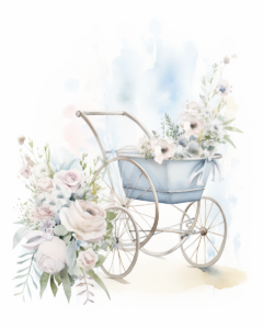 Create a watercolor illustration of a tranquil flower garden scene, with a silver grey modern pushcart for babies, no flowers in pushcart and no other furniture. The colors linen, old lace, ivory, azure, mint green, Alice blue, lavender, lavender blush, light pink should be exceptionally soft and subtle, barely visible, reminiscent of the delicate pastel shades of dawn. The overall mood should exude a sense of calm and tranquility, creating an ideal backdrop for other images,