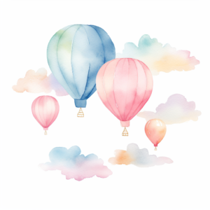 balloon festival, watercolour clipart, minimalist, pastel colours such as pink, cream, yellows, light blue, isolated white background, 8k