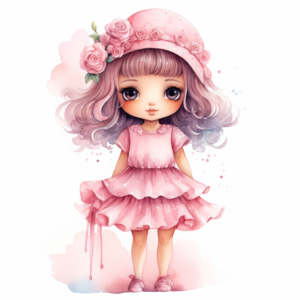 watercolour cute little doll style girl with cute detailed pink dress and detailed clothing