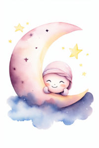 watercolur, not dropping colours, stylized moon with sleeping hat, very cute, smiling, white background, 5k,