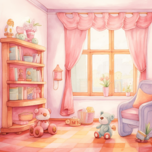 watercolor illustration, cute cartoon, a beautiful pink colored nursery room just furniture and some toys, make it a wide-angle illustration, image fades into page,no borders , full page image