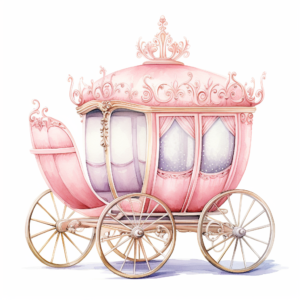 A nursery watercolor a watercolor princess carriage in scandinavian girly colors like pink tones, boho style, cartoon,Lucy grossmith, hd, clipart, single object, high definition 8k, white background for removing