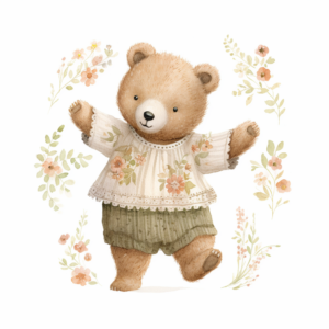 A nursery watercolor crocheted a baby tedy bear dancing in scandinavian neutral colors like tan, brown, ivory and green, boho style, cartoon, Lucy grossmith, hd, clipart, single object, high definition 8k, white background for removing