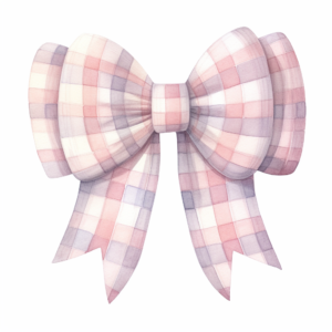 A nursery watercolor crocheted a checkered bow in scandinavian girly colors like pink, lilac, beige and soft pink, cartoon, Lucy grossmith, hd, clipart, single object, high definition 8k, white background for removing