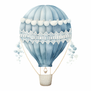 A nursery watercolor crocheted a hot air baloon in scandinavian blue colors like blue, light blue and gray, boho style, cartoon, Lucy grossmith, hd, clipart, single object, high definition 8k, white background for removing