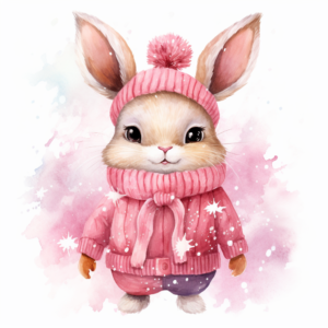 beautiful rabbit, dressed in pink christmas sweater, christmas feeling, watercolor, pink shades, solid background, clipart