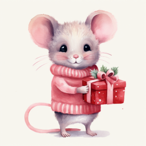 mouse in a christmas sweater keeping a gift in the hands, watercolor, pink shades, solid background, clipart