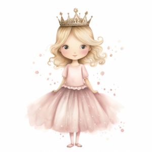 watercolor princess with gold crown girly colors like pink tones, full body, boho style, cartoon,Lucy grossmith, hd, clipart, single object, high definition 8k, white background for removing