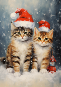 oil painting. cute cats in santa hats, cats on the snow in christmas scenery