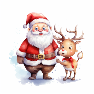 cute santa claus standing with reindeer, happy expression, cute character, watercolor styles, white background for removing background