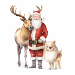 cute santa claus standing with reindeer, happy expression, cute character, watercolor styles, white background for removing background