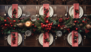 christmas dinner table setting, table in restaurant, christmas decor, photorealistic, top view