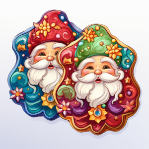 Colorful pages with bold lines and one image per page, of christmas Cookie in shape of christmas elfs decorated with detailed colorful of icing on them. For coloring book pages for adults.