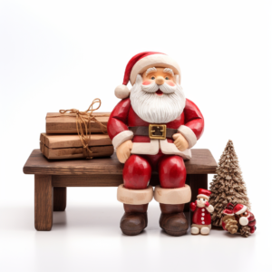 Christmas on the wooden bench, Santa claus and his gift on white background