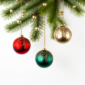 Colorful christmas baubles with fir tree branches on white background