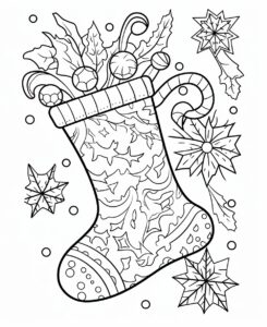 black&white very simple coloring page , 2 simple Christmas sock, low details,