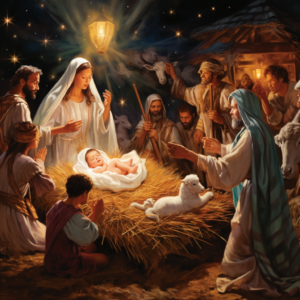Around the manger, there are shepherds with their flocks, represented in attitudes of astonishment and joy. Some pastors kneel in prayer, while others carry symbolic gifts in their hands. A heavenly angel, with outstretched wings and a benevolent expression, appears in the starry sky, observing the scene with a benevolent smile. cartoon style