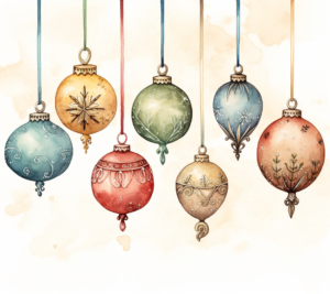 christmas ornaments, hot chocolate, christmas colors, snow flakes, boho, vintage look, water color art style, tea stained look