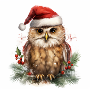 stunning christmas, give me a jolly jolly christmas,against white background in the style of photorealistic wildlife art, charming smiling owl illustrations, realistic and hyper-detailed renderings, childlike illustrations, christmas Floral accents christmas details accents ,life-like christmas illustration, realistic hyper-detail, christmas elements