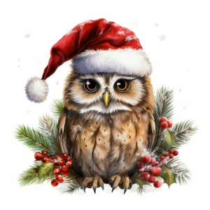 stunning christmas, give me a jolly jolly christmas,against white background in the style of photorealistic wildlife art, charming smiling owl illustrations, realistic and hyper-detailed renderings, childlike illustrations, christmas Floral accents christmas details accents ,life-like christmas illustration, realistic hyper-detail, christmas elements