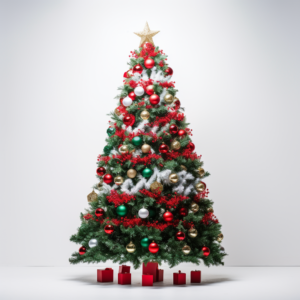photograph long shot christmas tree with a white background green and red palette 1:1